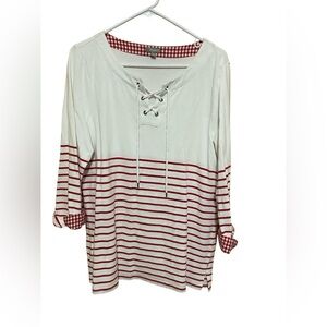Talbots Red & White Stripe Gingham Lace Up 3/4 Sleeve Nautical Top, Size Large.